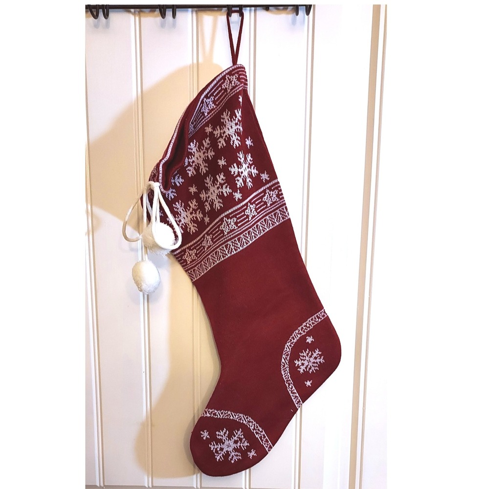 Christmas Stocking Unisex OS Red Knit Snowflake Pom Poms Fair Isle
